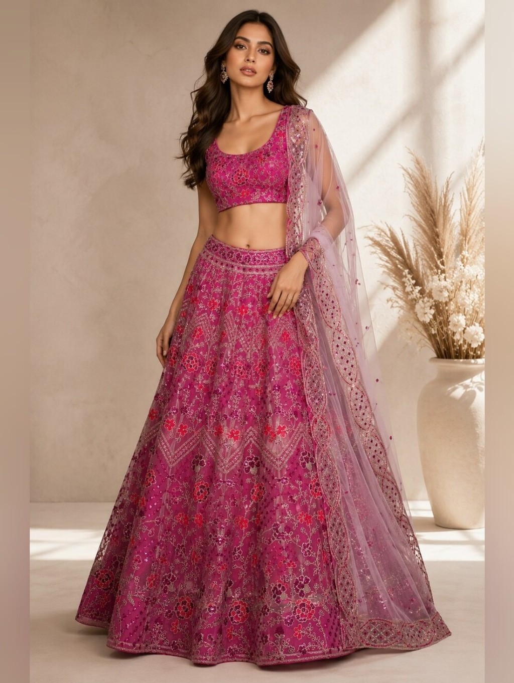 Rose Pink Net Sequins embroidered Flared Style Lehenga Choli – Size 10