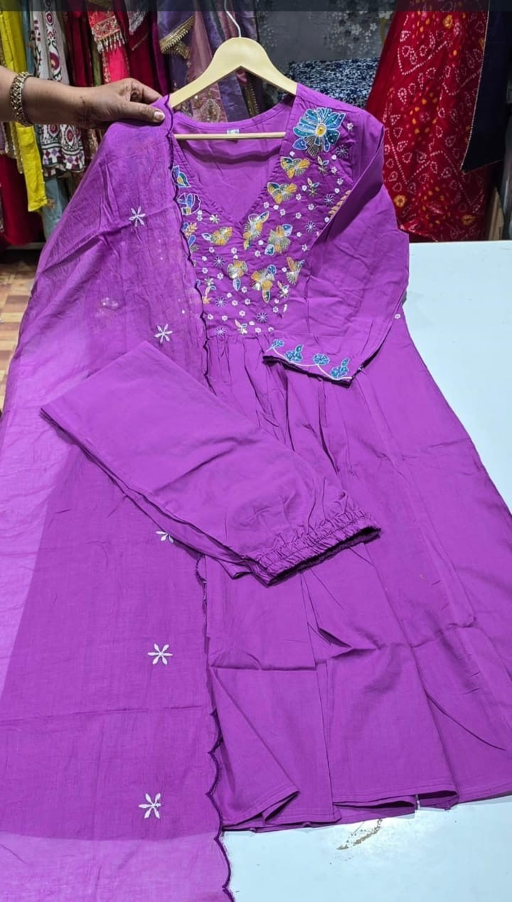 Fully Stitched Purple Kurta Palazzo With Dupatta Set, Readymade Salwar Kameez