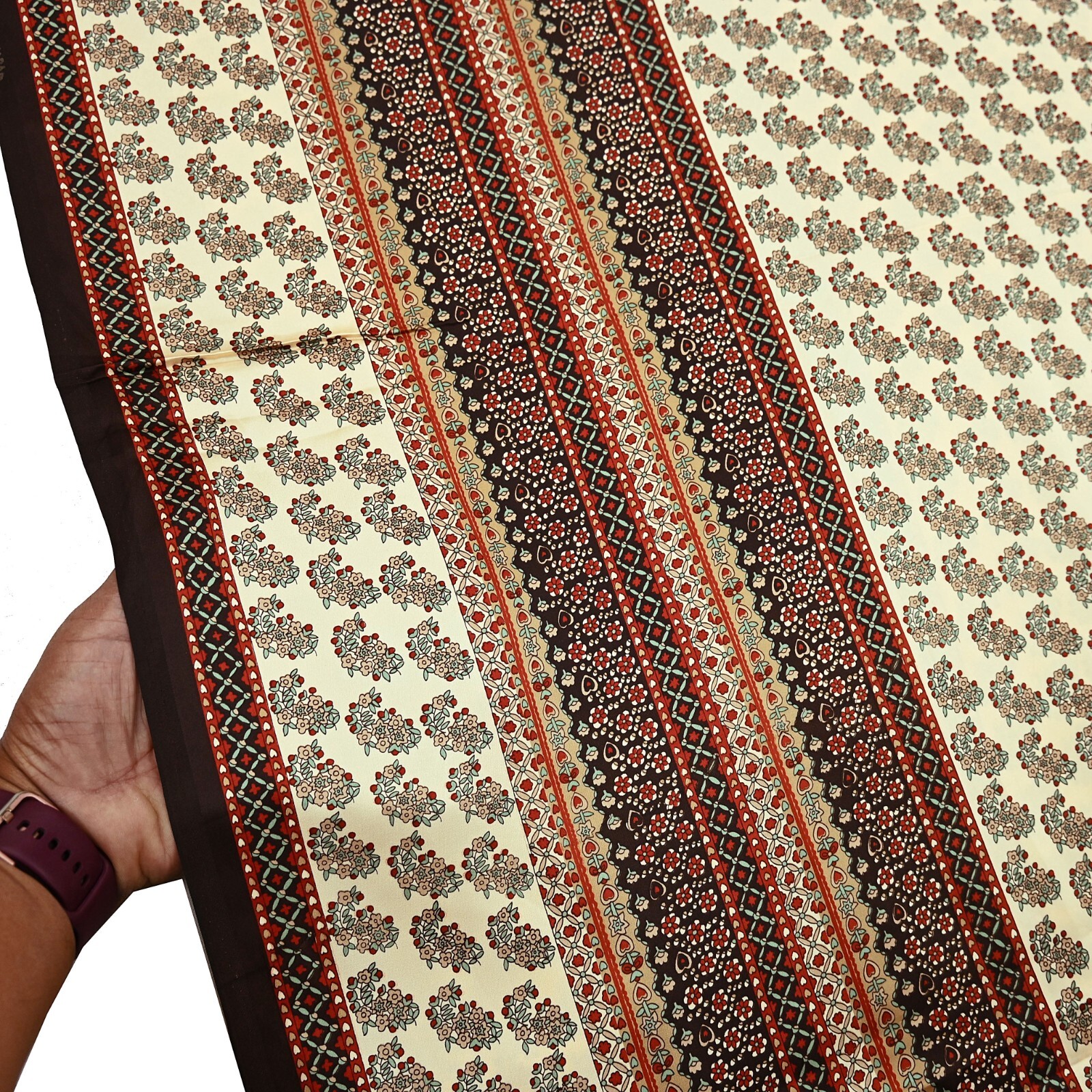 Indian Vintage Saree Beige Satin Printed Sari 5yd Sewing Floral Soft Craft Fabri