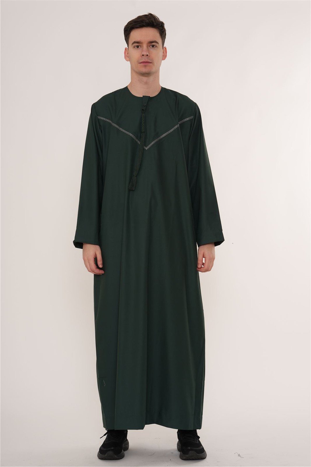 Men Olive Green Thobe Emirati Omani Jubba Islamic Embroidery Muslim Eid Tassel
