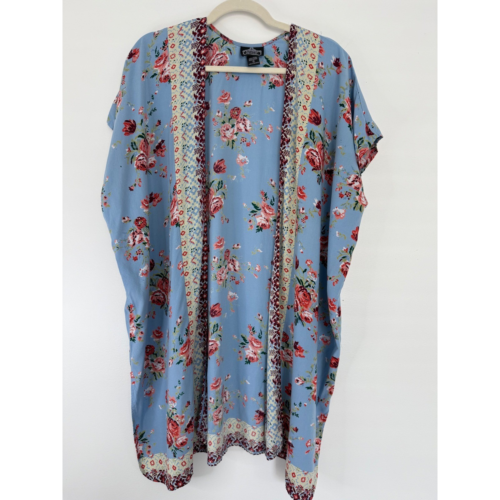 ANGIE Blue Floral Print Kimono Cover Up Lightweight Festival Beach Boho Small