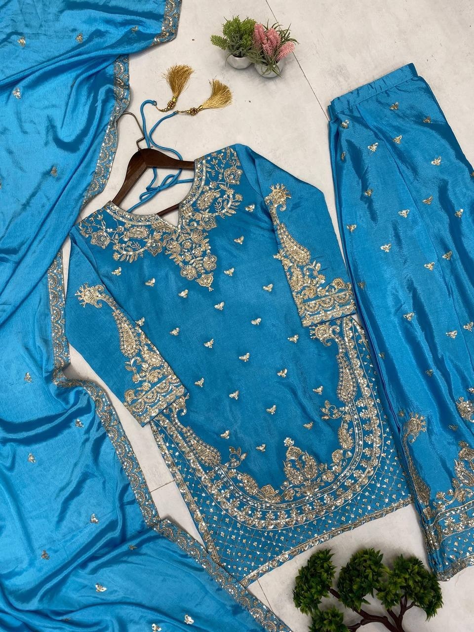 Beautiful Chinon Silk Sky Blue Top Palazzo With Dupatta For Party Wear