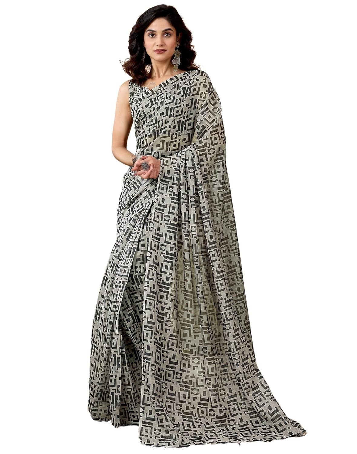 Women’s Chanderi Cotton Printed Ready To Wear with Pocket Saree with Blouse