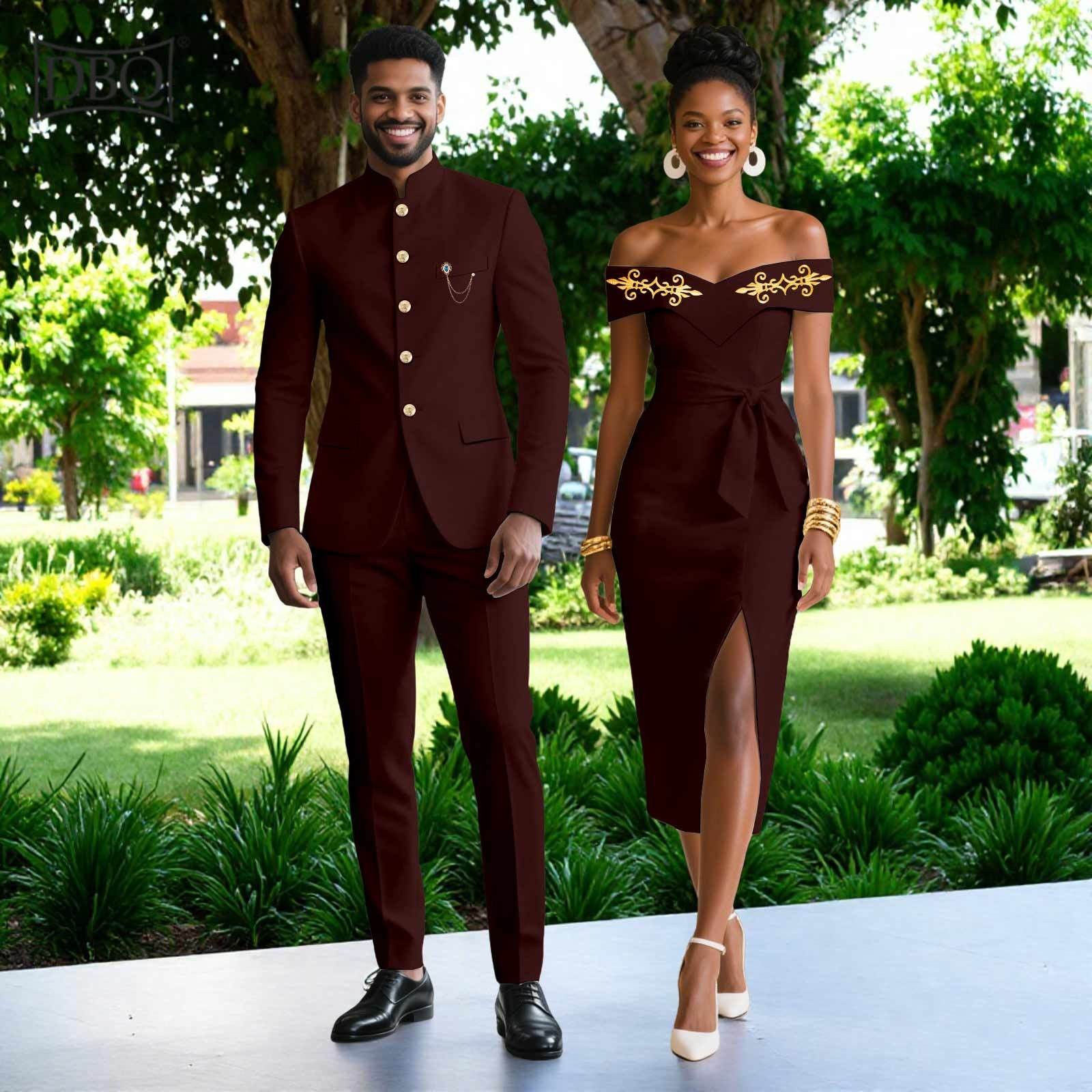 African Couple Matching Cloth Solid Color Men Jacket Pants Set Women Midi Dress