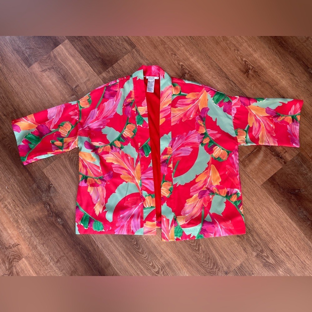 Chicos Womens Kimono Cardigan Floral Japanese Pink Red Size Small/Medium Satin
