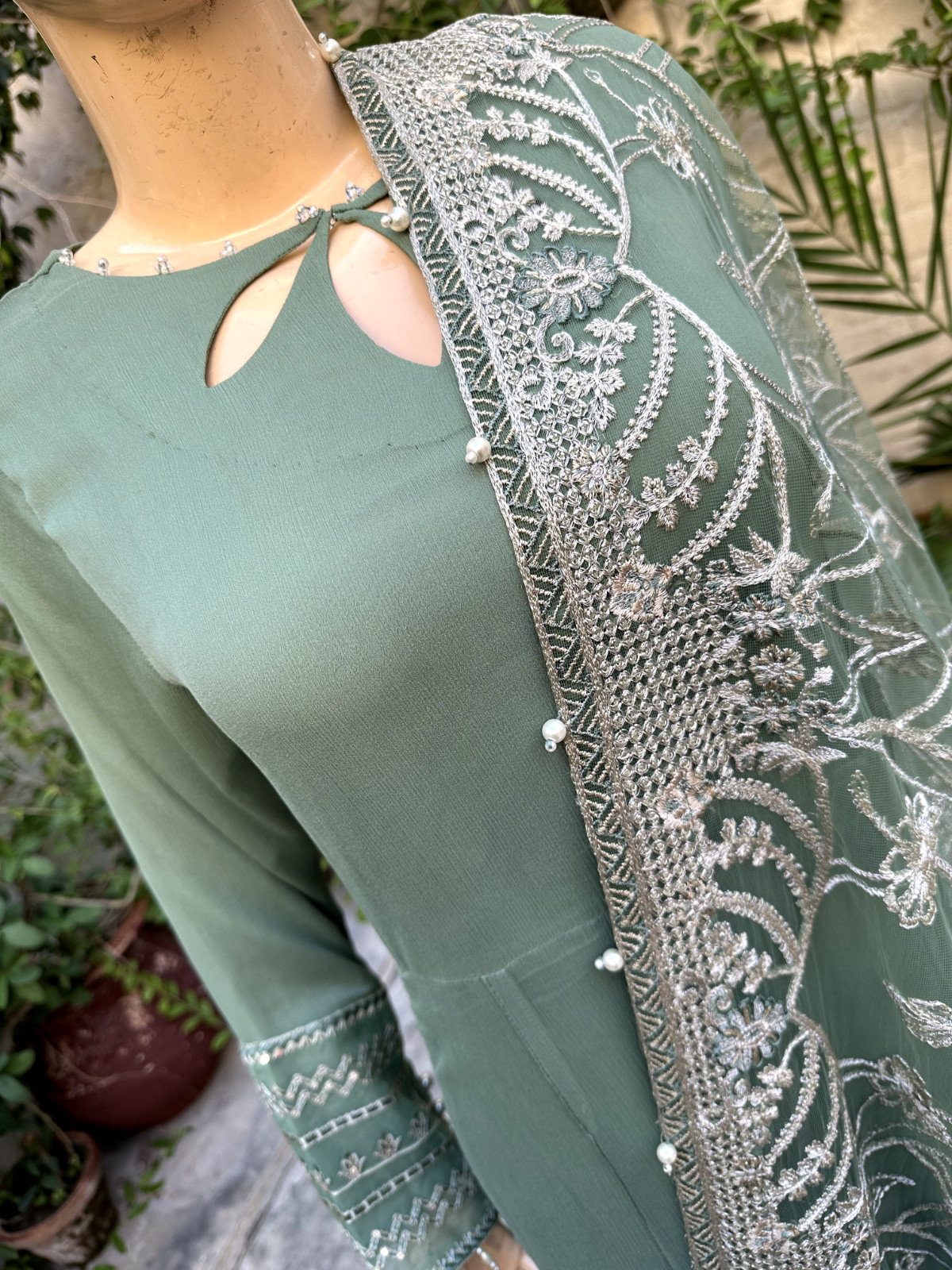 Pakistani Sage Green Long Style Embroidered Sequins fancy Chiffon Dress,XL
