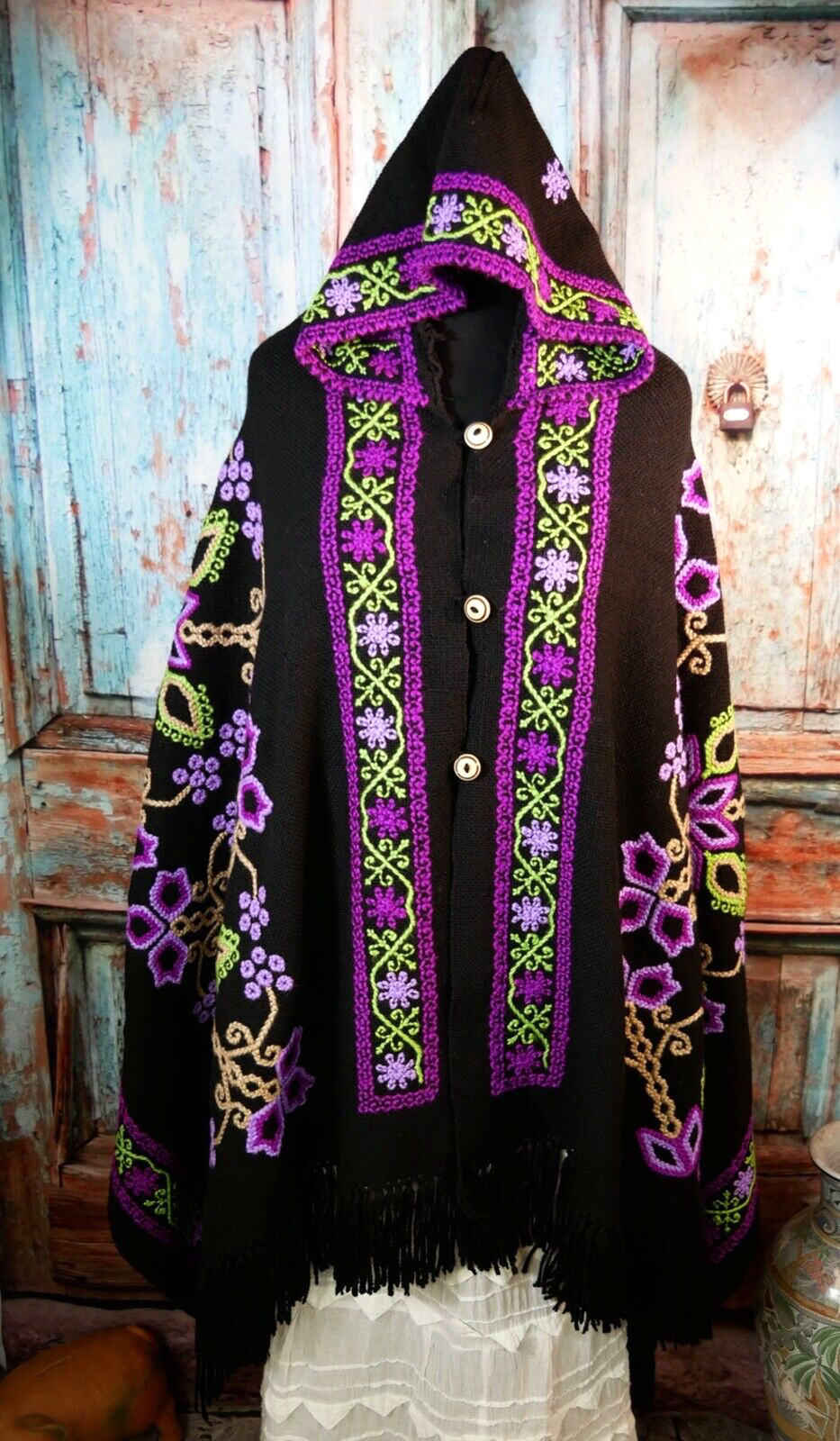 Hooded Poncho Serape Handwoven Hand Embroidered Mazahua Indigenous Mexican Folk