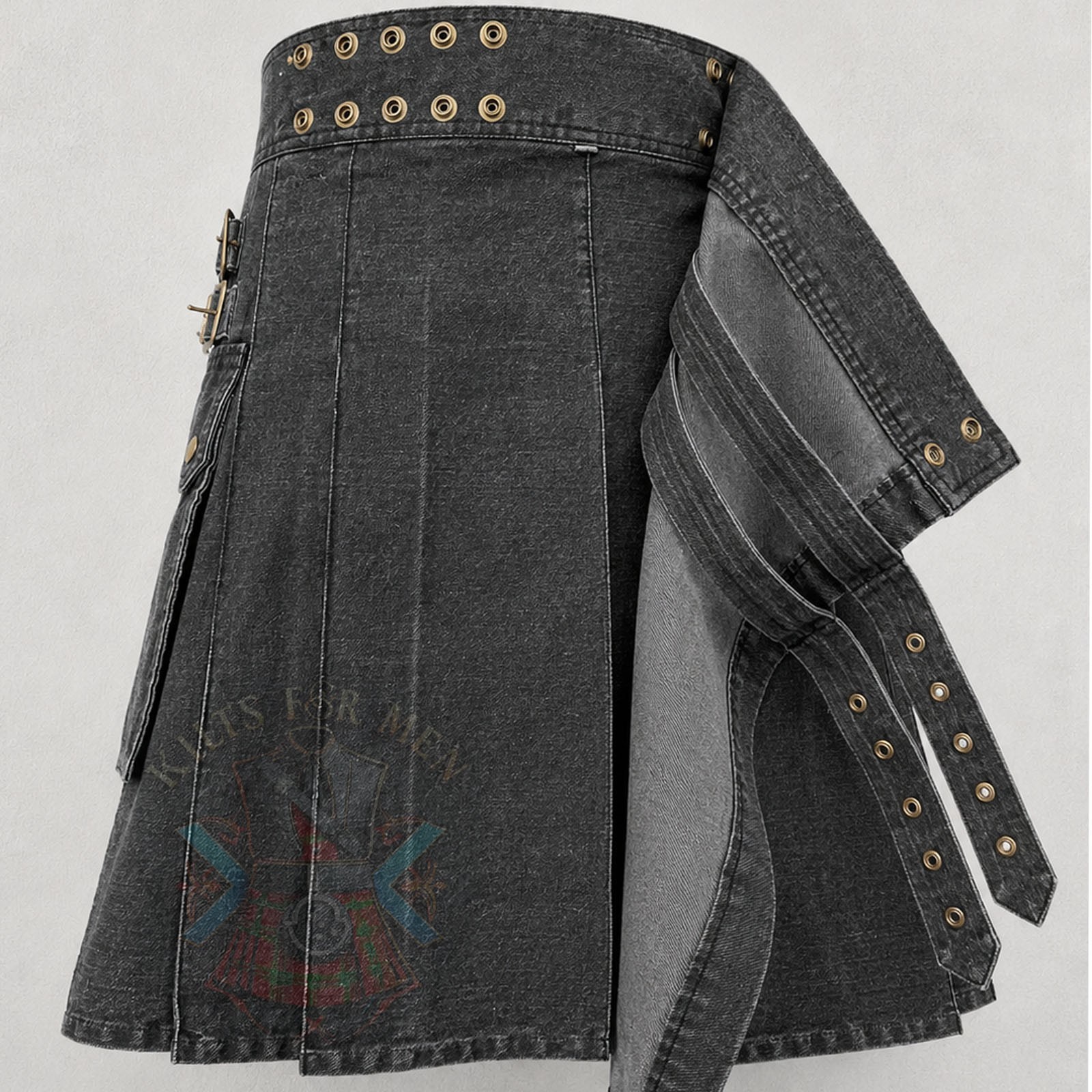 Grey Black Denim Utility Kilt for Men Cargo Pockets Modern Custom Made Kilt