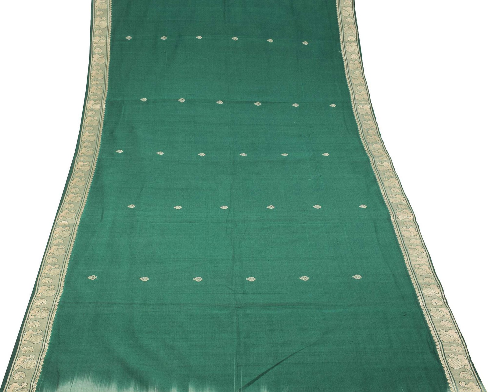 Sushila Vintage Dark Green Saree Pure Cotton Peacock Woven Sari Craft Fabric