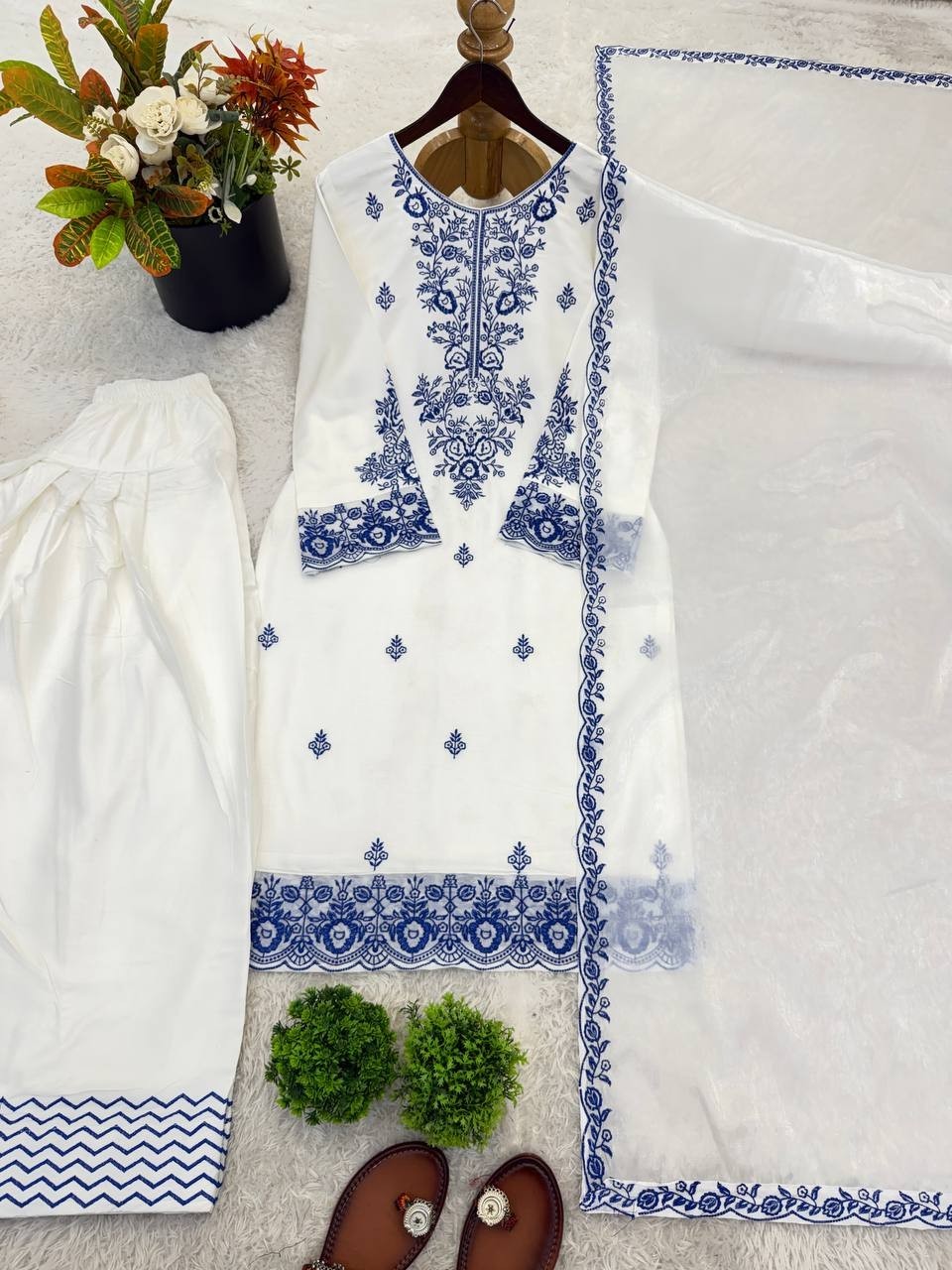 Beautiful Look Rayon Cotton White Top Bottom With Dupatta For Functional Wear