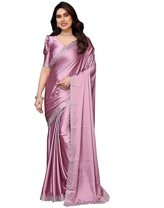 Women’s Solid Satin Moss Saree with Hot Pink Fix Work & Unstitched Blouse Piece