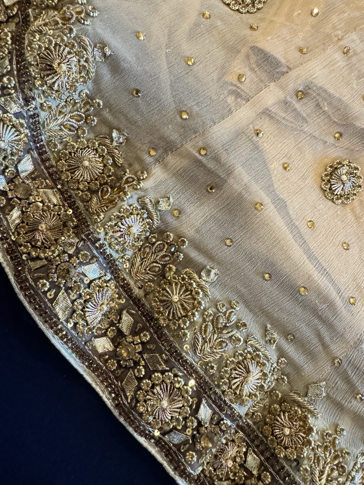 Golden Color Medium Size Heavy, Fancy Suit On Chiffon With Stone Work