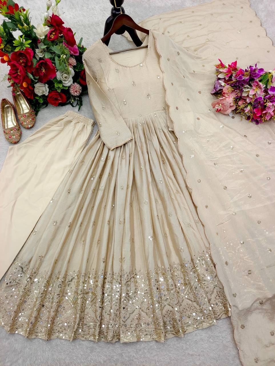 Attractive Look Chinon Silk Cream Gown Bottom With Dupatta For Reception