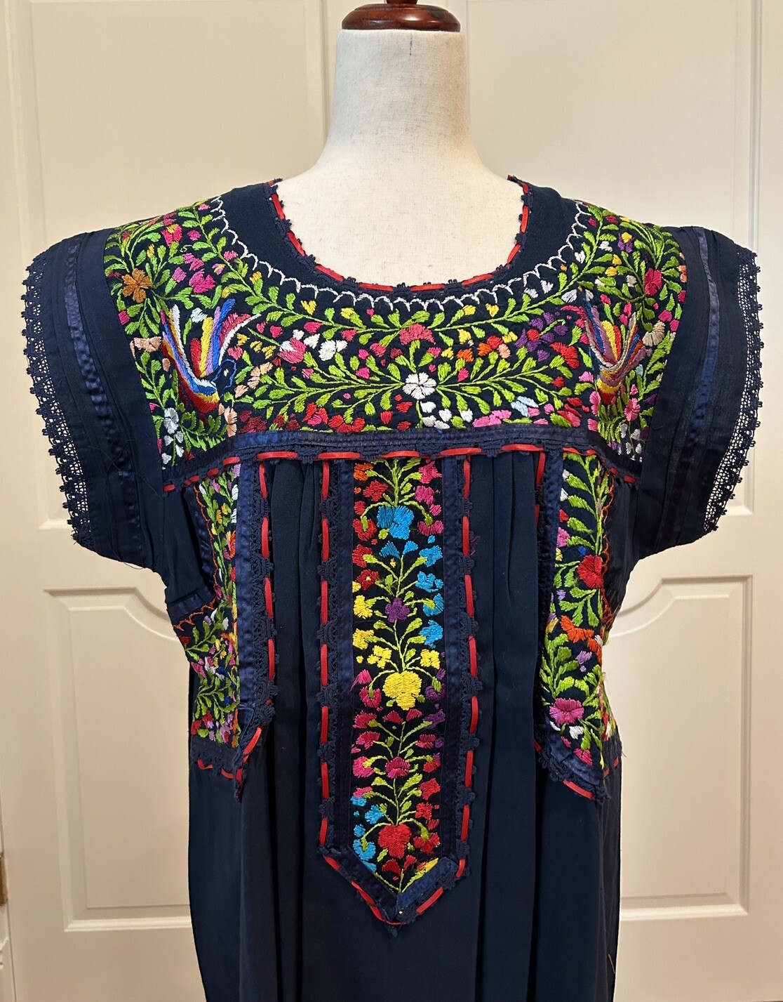 Mexican Navy Blue dress, Oaxaca dress, hand embroidery dress.