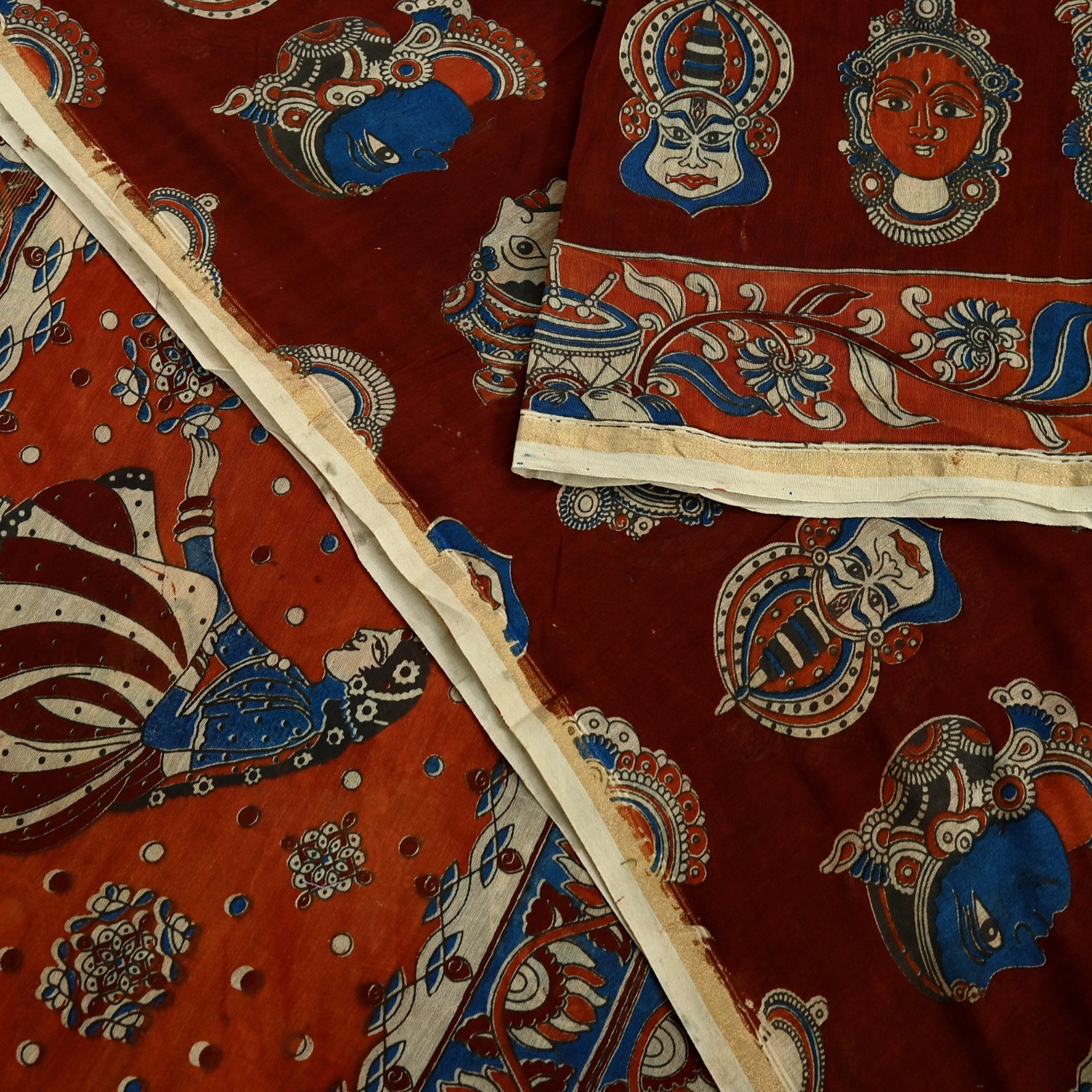 Indian Vintage Sari Pure chanderi Silk Kalamkari Print Sarees Fabric 5Yards Zari
