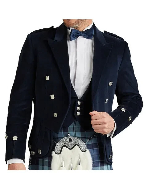 Stylish Neavy Blue Velvet Regulation Plaid Kilt Jacket with Waistcoat