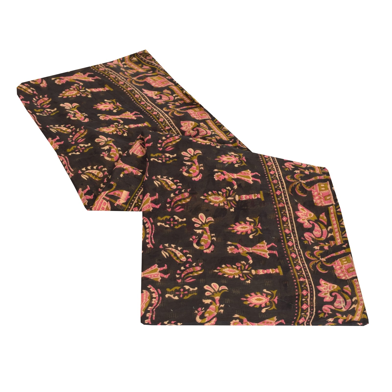 Sanskriti Vintage Sarees Ivory Pure Cotton Animal Human Printed Sari 5+Yd Fabric