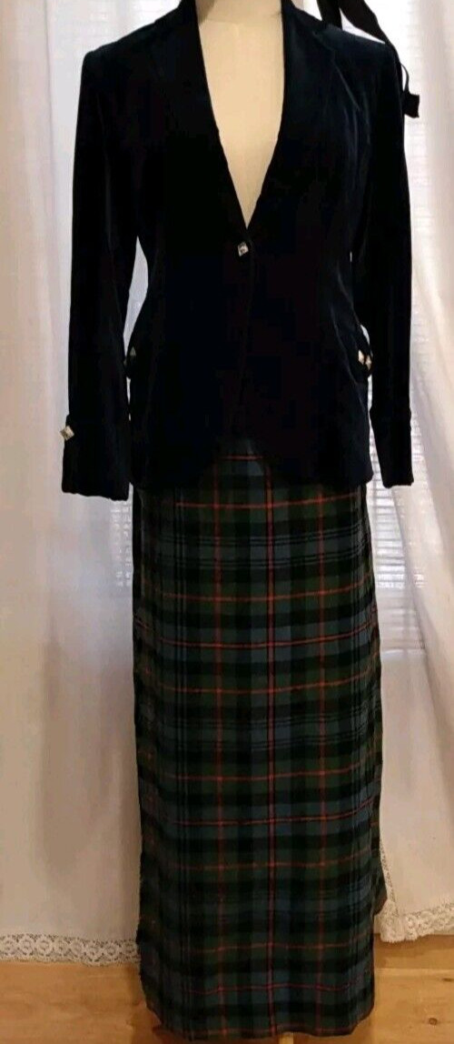 LOT Ladies XS Scottish Kilt Outfit Blazer Jacket Set Wool Velvet Red Green Skirt