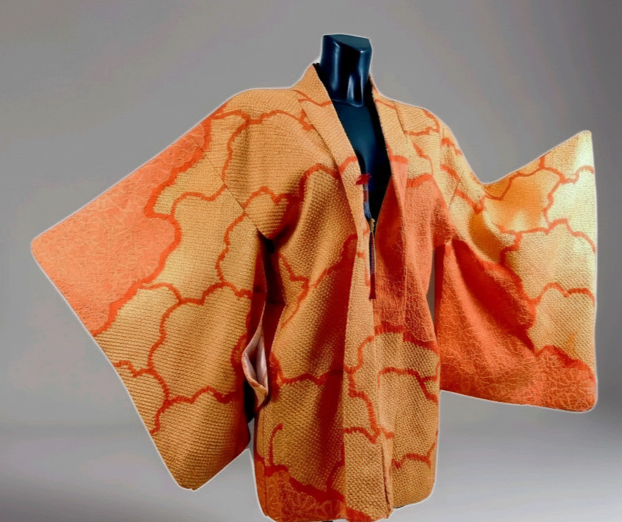 Vintage Original Japanese KIMONOJacket Pure Silk Embossed Orange/Pale Orange S-M