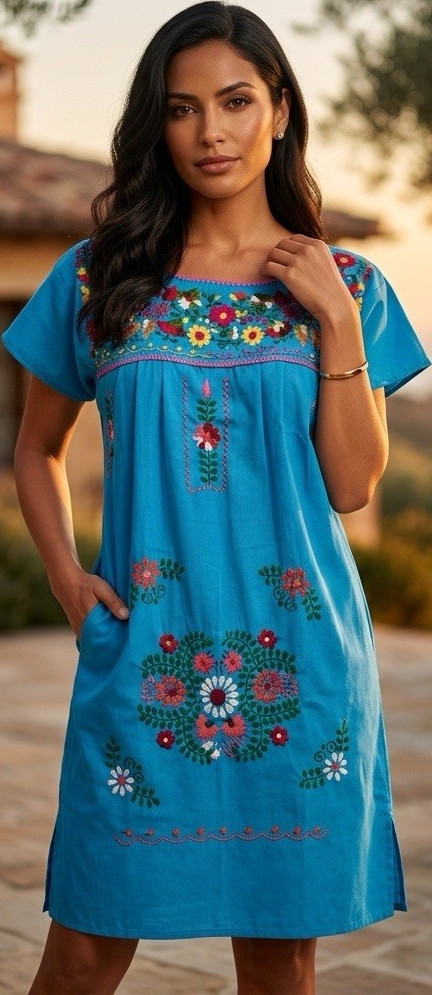 Traditional Mexican Dress Blue Floral Embroidery for Women Sz M