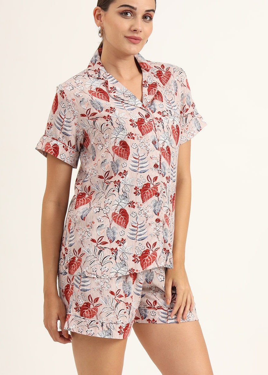 Multicolour Floral Print Rayon Regular Short Night Suit for Women Sleepwear