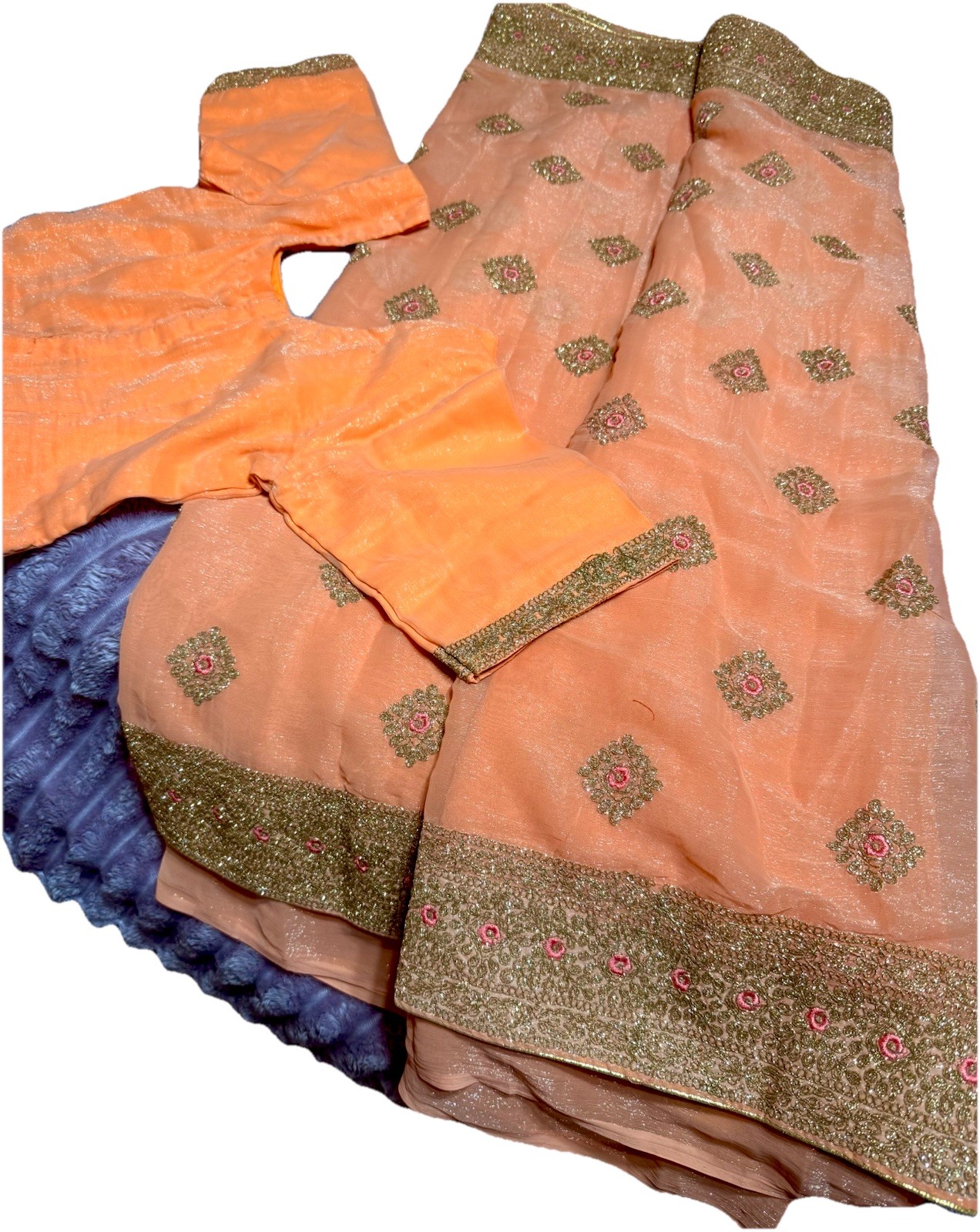 Designer Peach Orange Saree & Pink Embroidered Blouse| Gold Zari & Sequins Work.