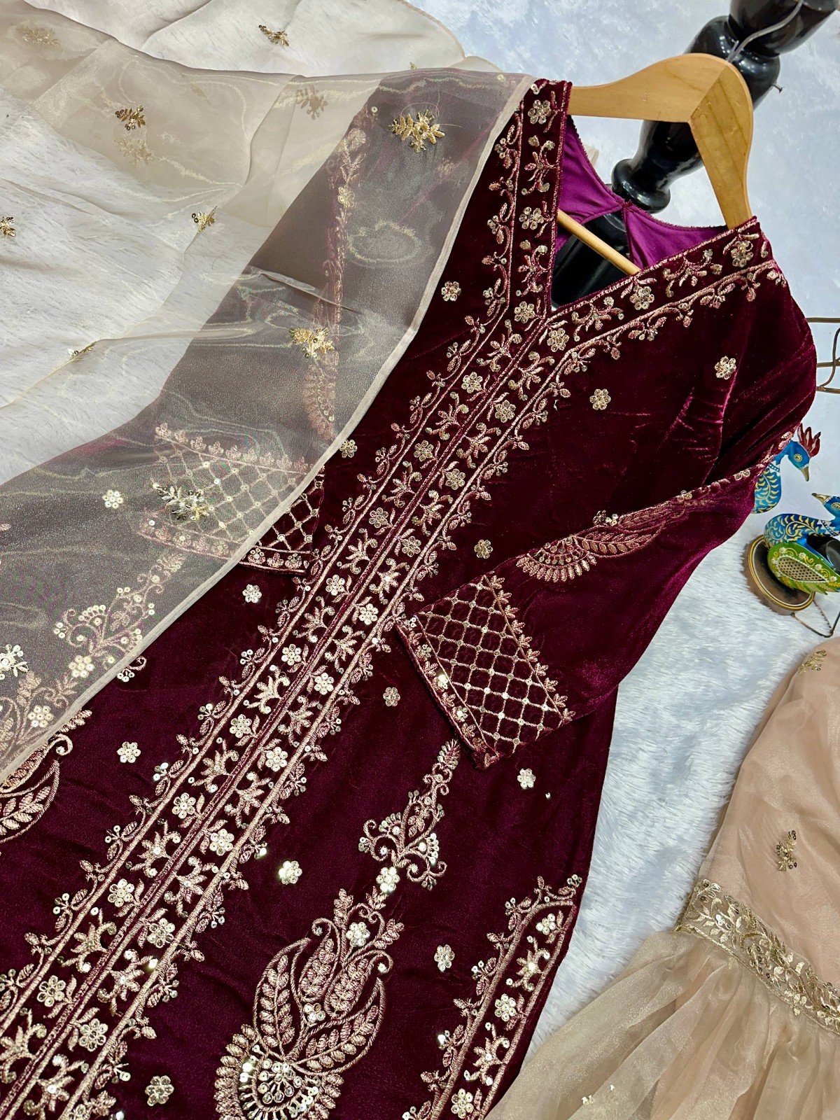 Stunning Heavy Viscose Velvet Wine Top Palazzo And Dupatta For Function Wear