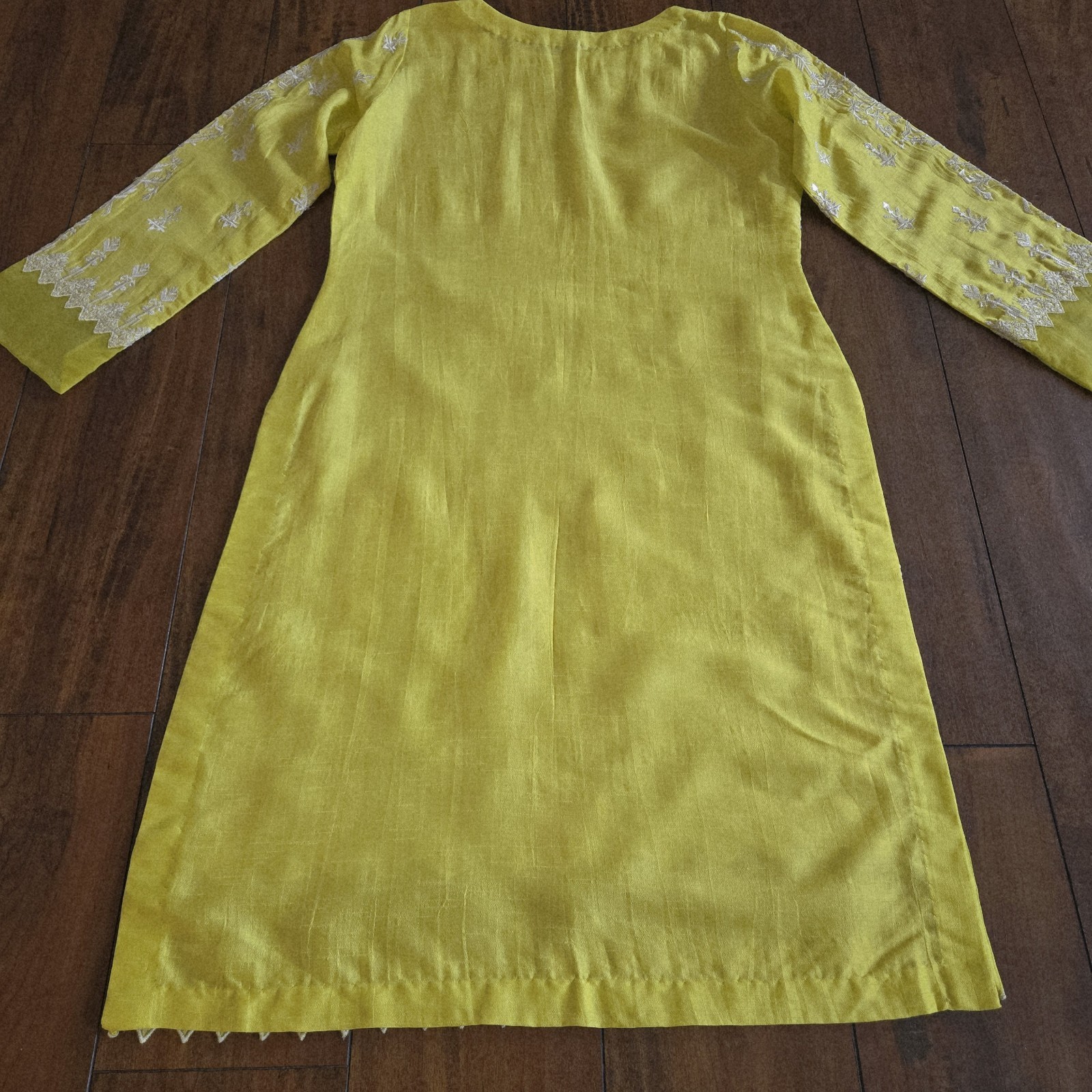 Embroidered Lime Yellow Top Shirt Long Kurti Cotton Silk Organza Size S/M