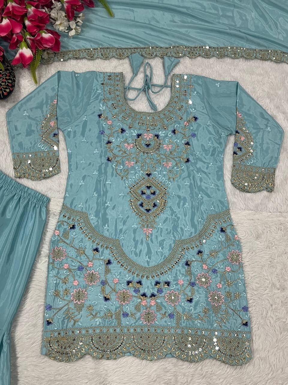 Latest Collection Sky Blue Natural Crepe Kurta Palazzo With Dupatta For Women