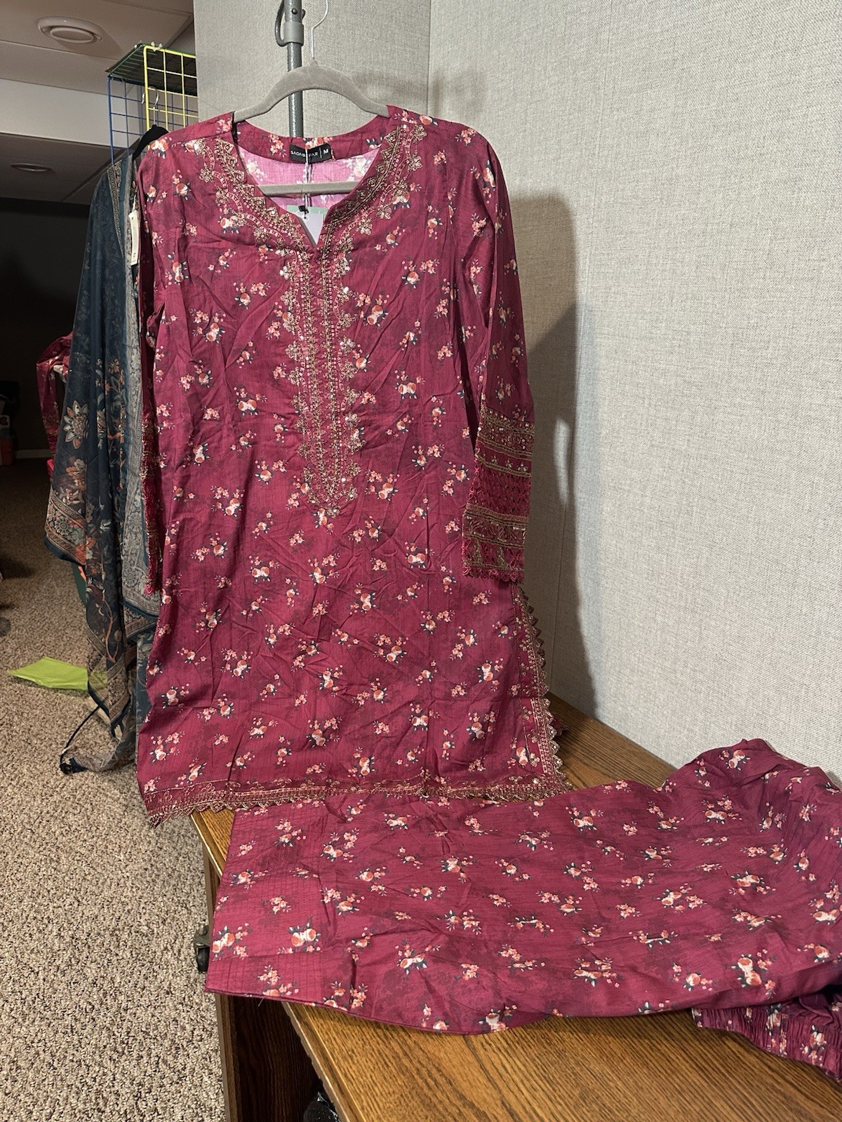 Sadabahar Brand – Farshi Shalwar suit – Embroidered – 3 Pc -Medium Size – $42
