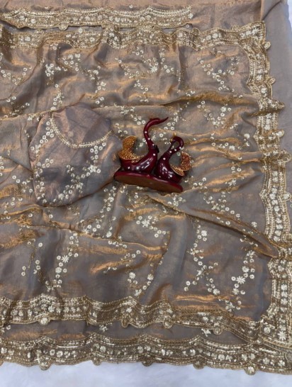 Women Grey Fandy Silk Saree with Sequins Embroidery Work & Unstitched Blouse