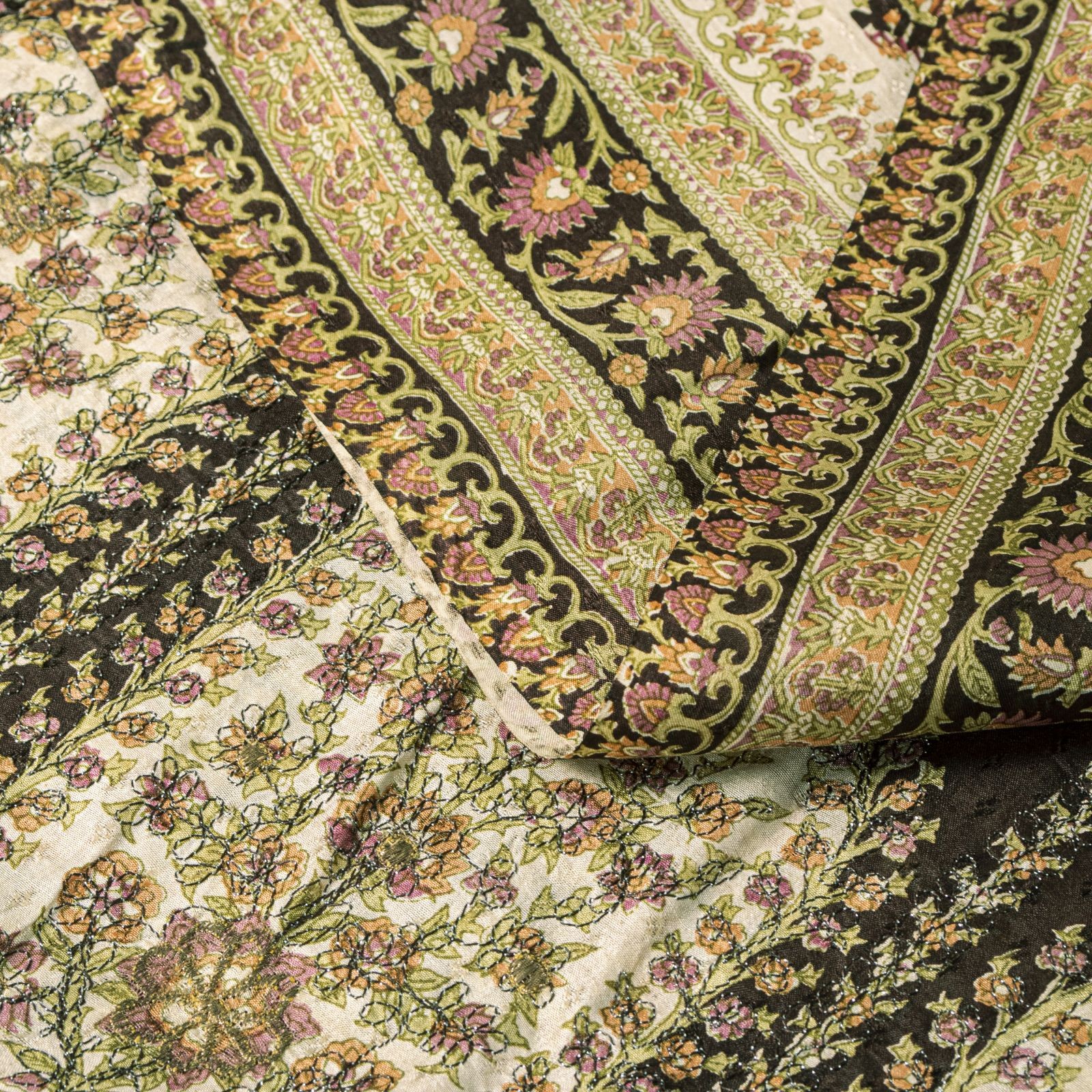 Sanskriti Vintage Brown Saree Pure Silk Kantha Embroidered Floral Print Sari 5Yd