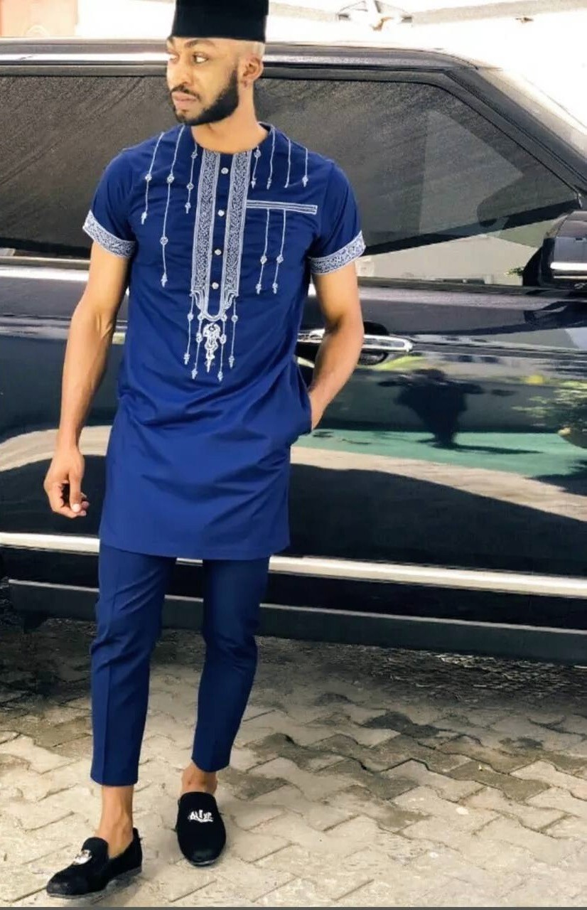 Men’s African Clothing Embroidered Cotton Shirt Pants Wedding Birthday Party
