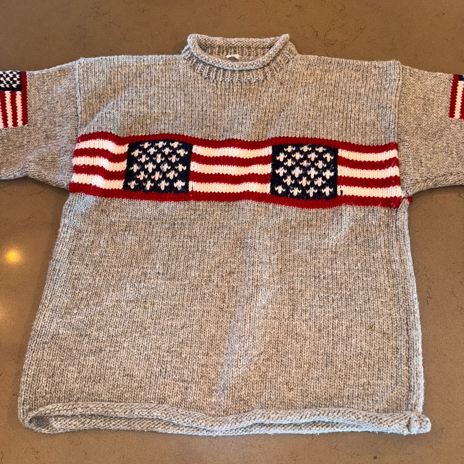 Inca 100% Wool Gray Cardigan Sweater American Flag Ecuador Oversized M/L