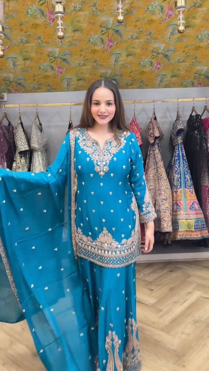 Beautiful Chinon Silk Sky Blue Top Palazzo With Dupatta For Party Wear