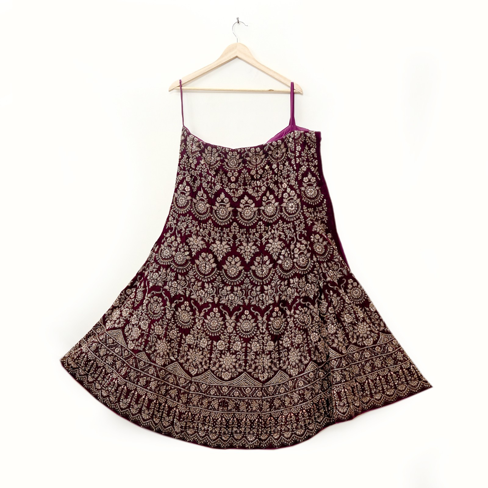 Indian Heavy wine Velvet Hand Embroidered Semi stitched Skirt Bridal Wear