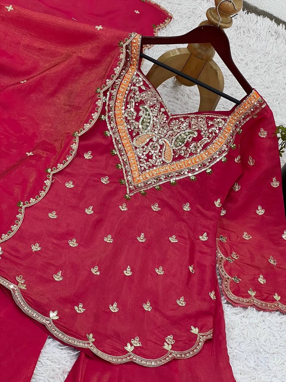 Classy Red Heavy Simar Silk Top And Palazzo With Dupatta For Traditional Wear