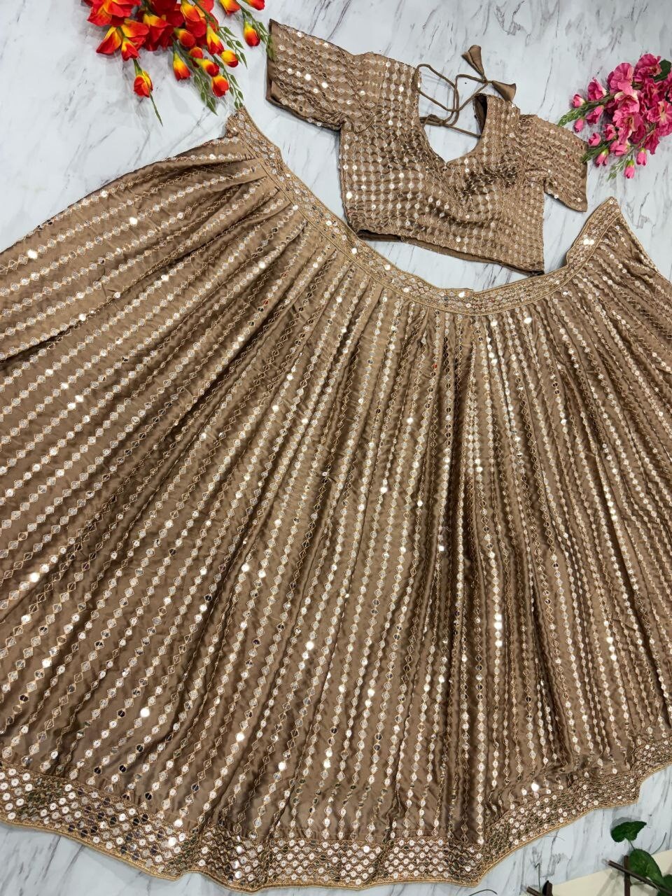 Stylish Look Dusty Brown Karishma Silk Lehenga Choli With Dupatta For Women