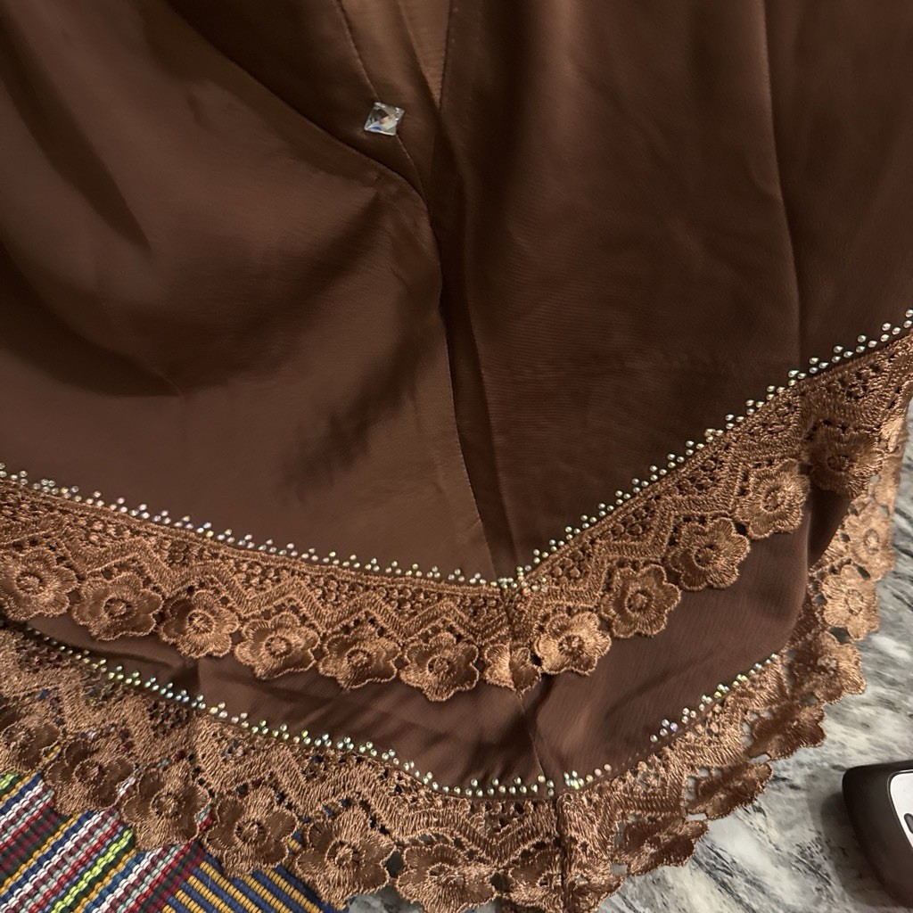 Women Brown Double Layer Khimar Hijab Lace Trim Chiffon Polyester One Size