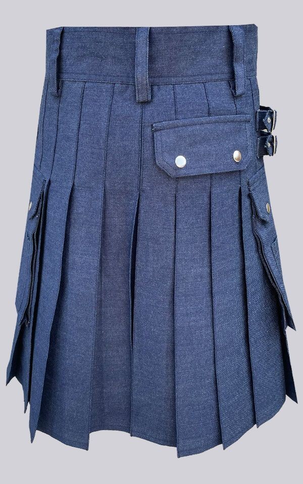 Blue Denim Kilt Scottish Highland Fashion Utility Kilt Adjustable Straps
