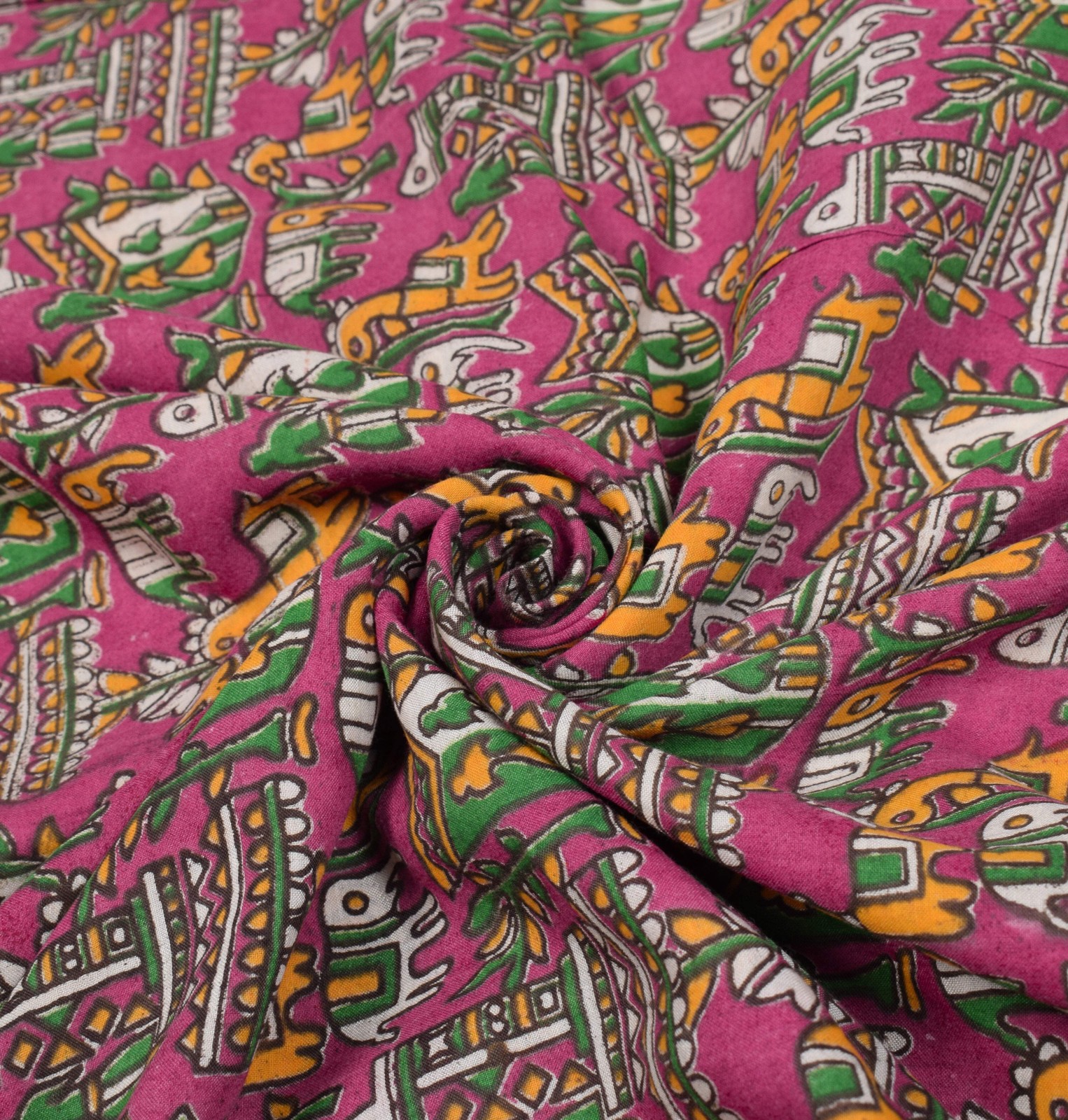 Sushila Vintage Handmade Kalamkari Saree Pure Cotton Magenta Printed Sari Fabric