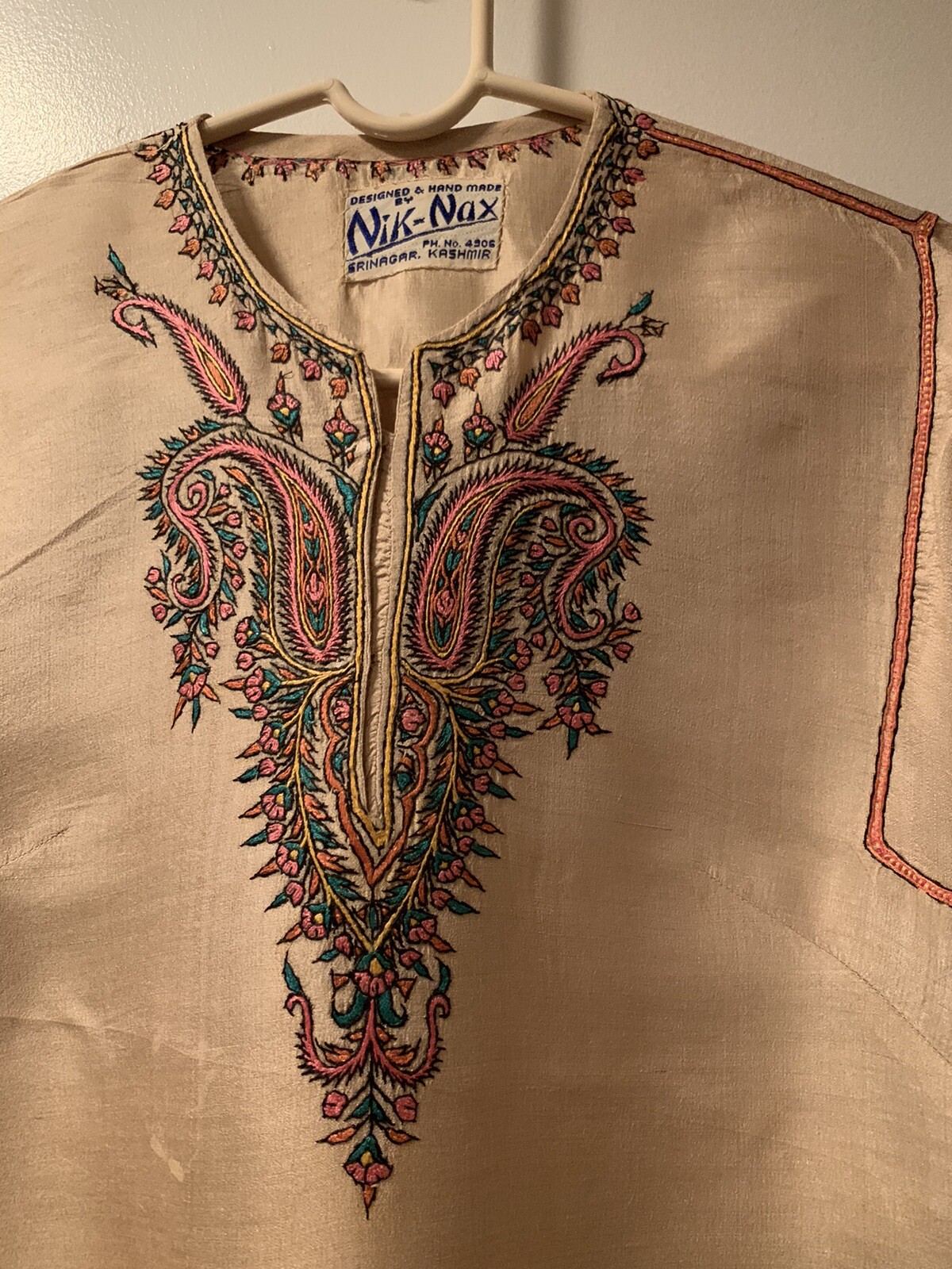 Designer Blouse Kurta Top 100% Natural Beige 100% Silk w Kashmir Hand Embroidery