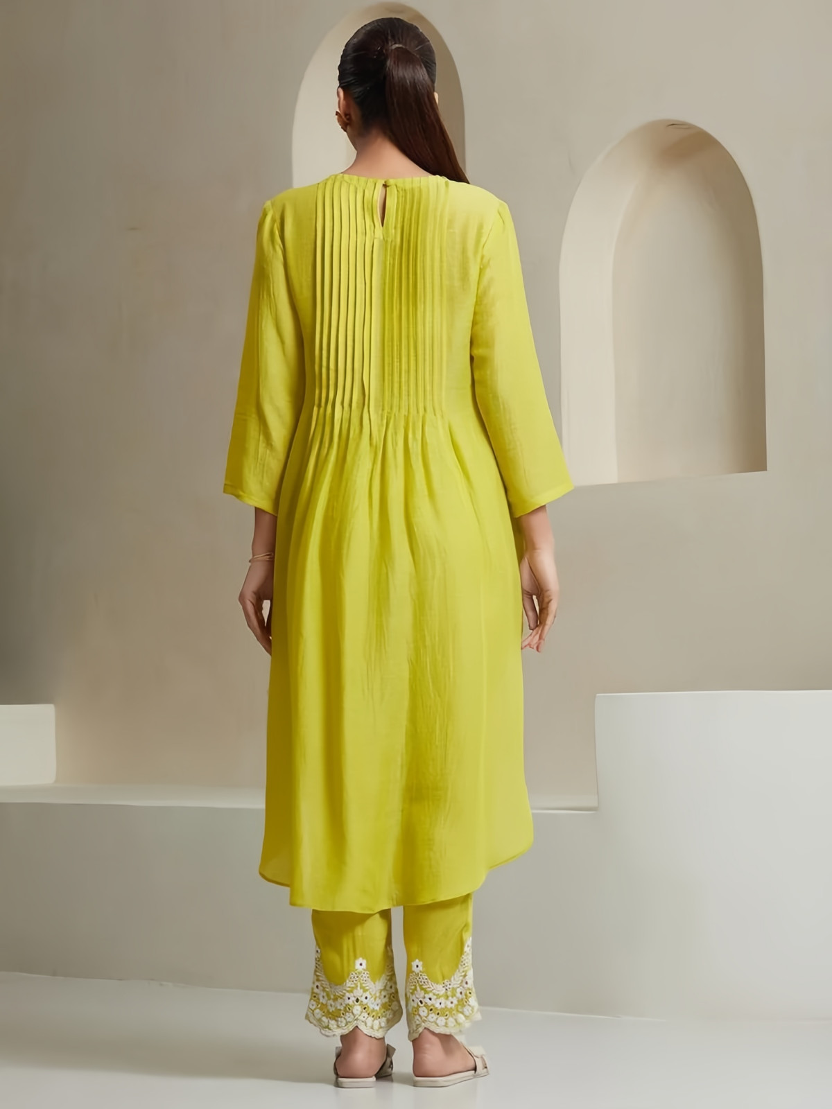 Lime Yellow Kurta with Embroidered Palazzo Pants 3/4 Sleeve Casual Wear Set