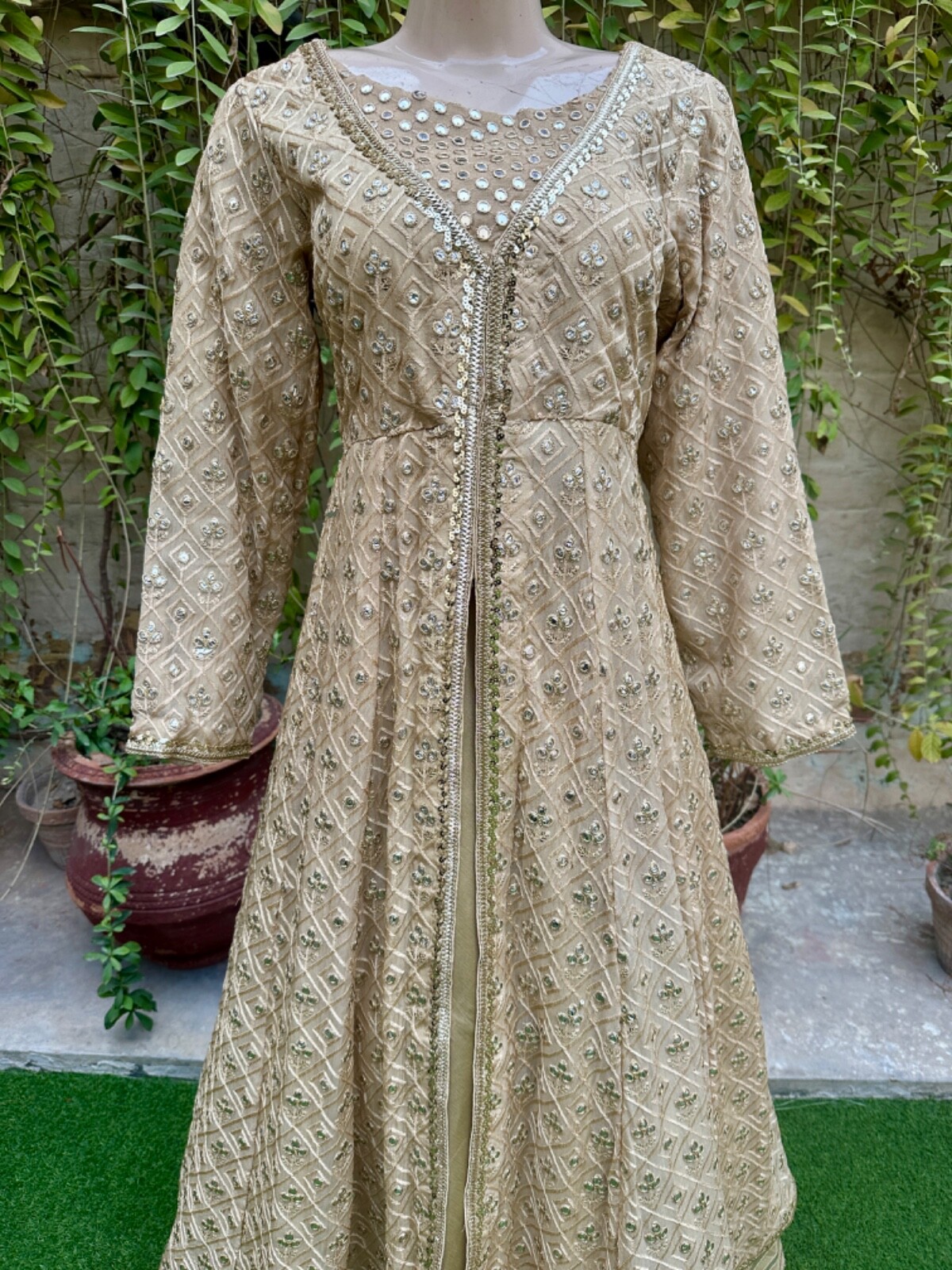 Pakistani Beige double Long Maxi Style Embroidered Sequins Chiffon Dress,L#1