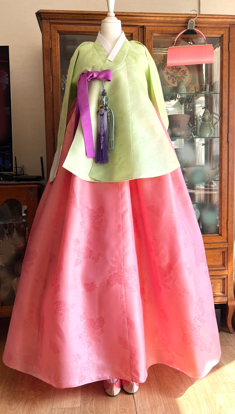 Korean Traditional Dress Dangui Hanbok Set-Green & Peach/Petticoat 2 Norigae Bag