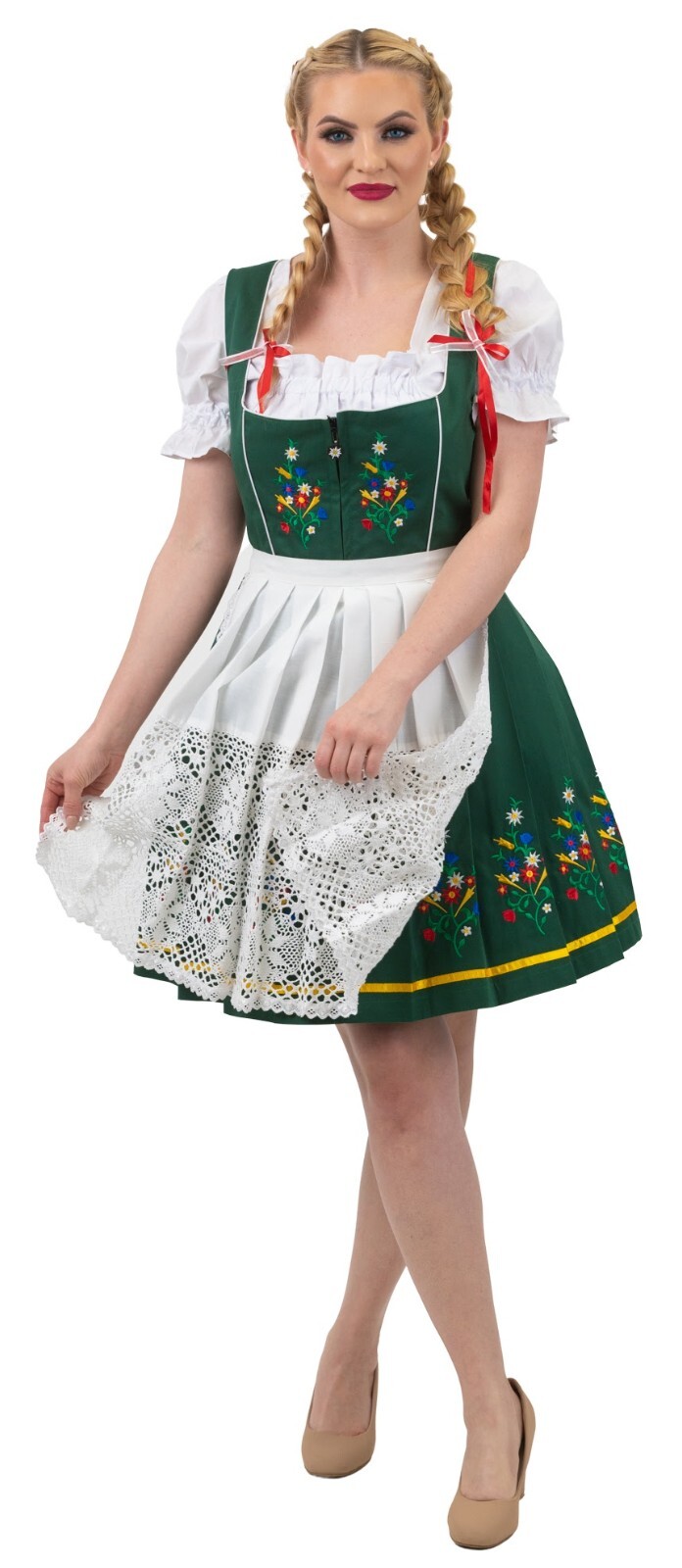 S 8 German Oktoberfest Dirndl Dress EMBROIDERED Lace Apron + Top Green Short NEW