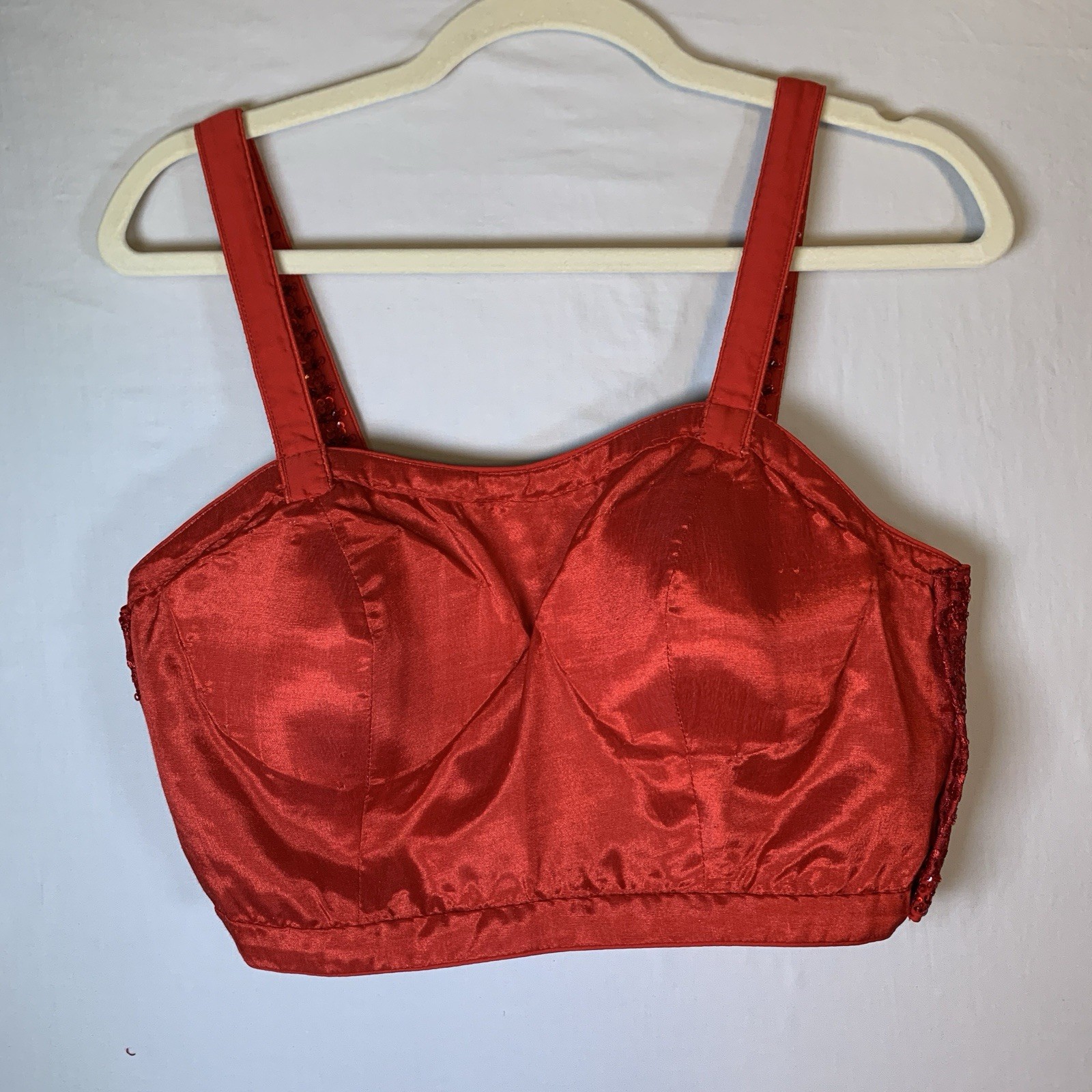 Red Silk Choli Blouse Sheer Back Floral Lace Red & Clear Sequins 15″ Band NWOT