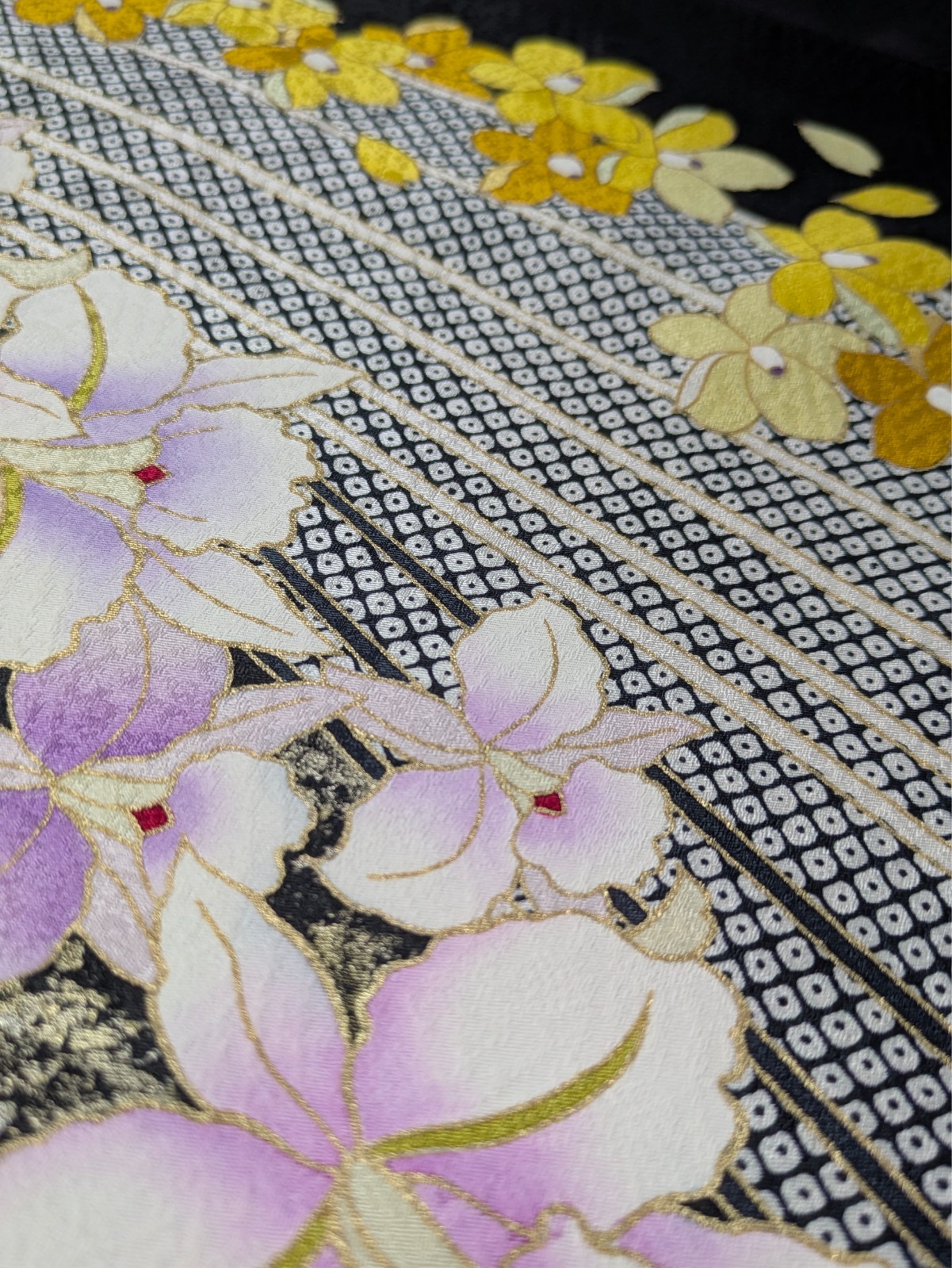 Japanese Kimono Silk Furisode Black Yellow & Purple Flowers Vertical Waves Art