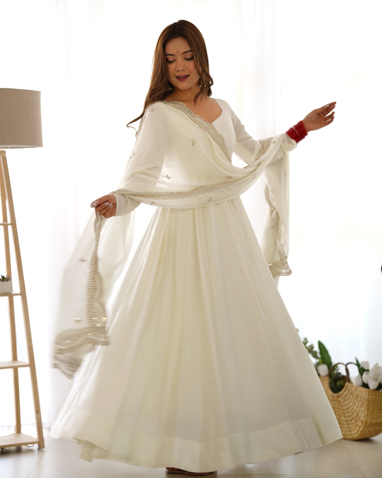 Women Off White Anarkali Gown Set Chanderi Silk Party Wear Dress Dupatta Palazzo