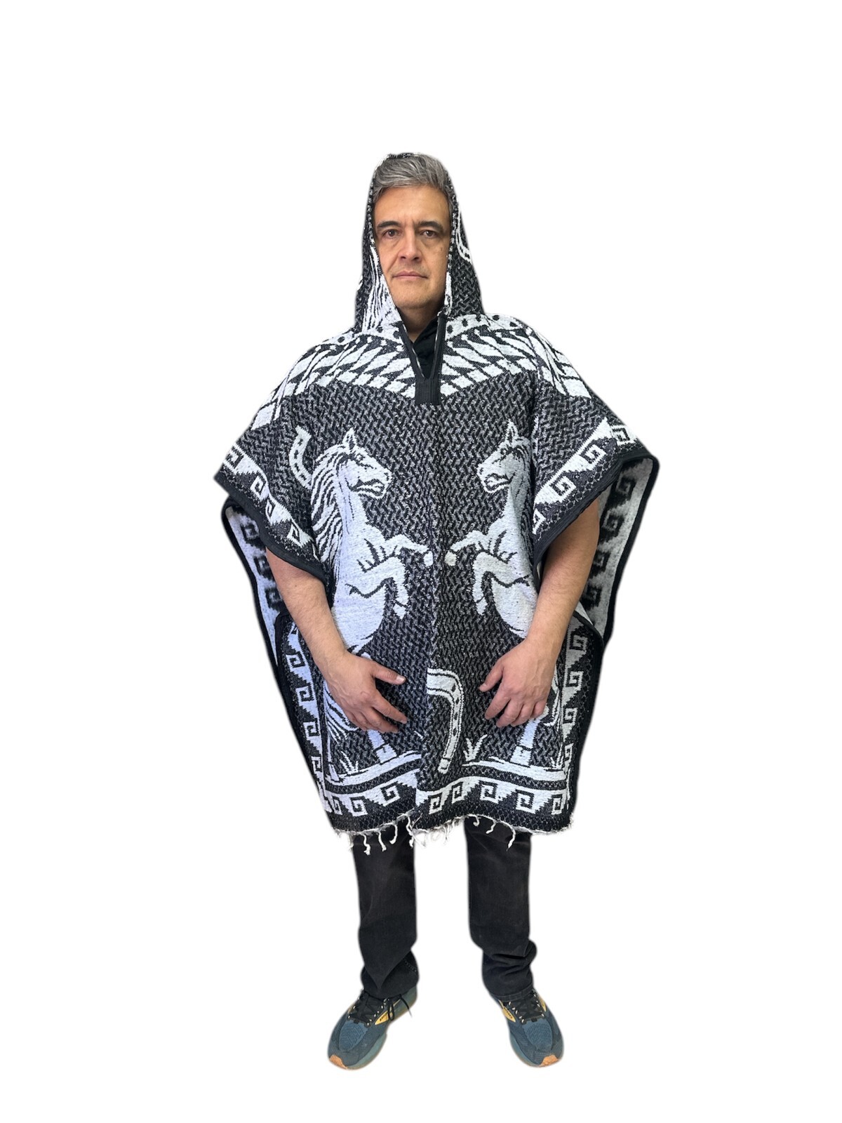 MEXICAN PONCHO WITH HOOD , HORSE PONCHO , BLANKET , ONE SIZE , BLACK & WHITE